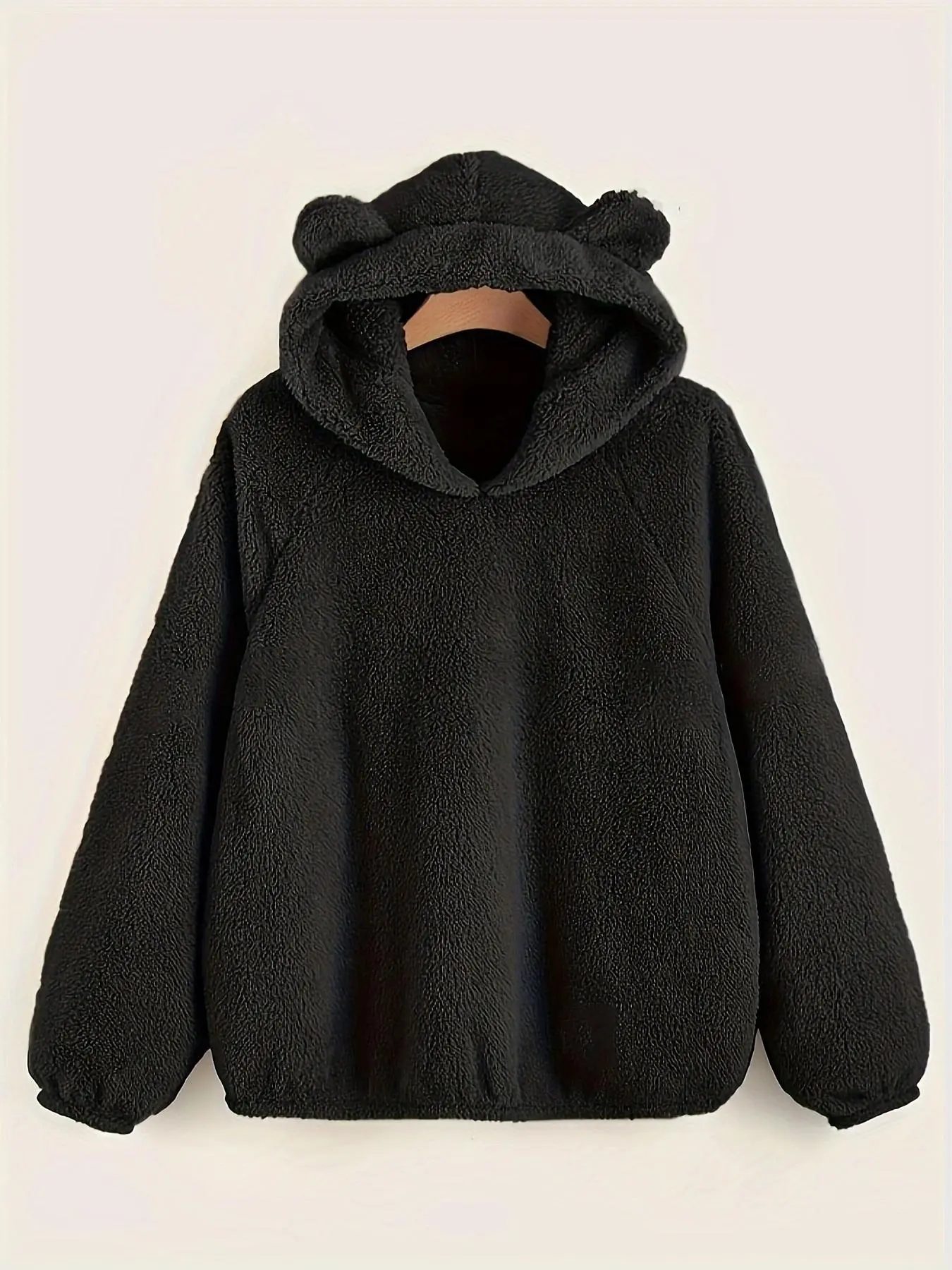 【Plus Size】 Solid Color Bear Ear Design Hoodie, Cute Raglan Sleeve Hooded Sweatshirt for Fall & Winter, Women's Clothing for Daily Wear