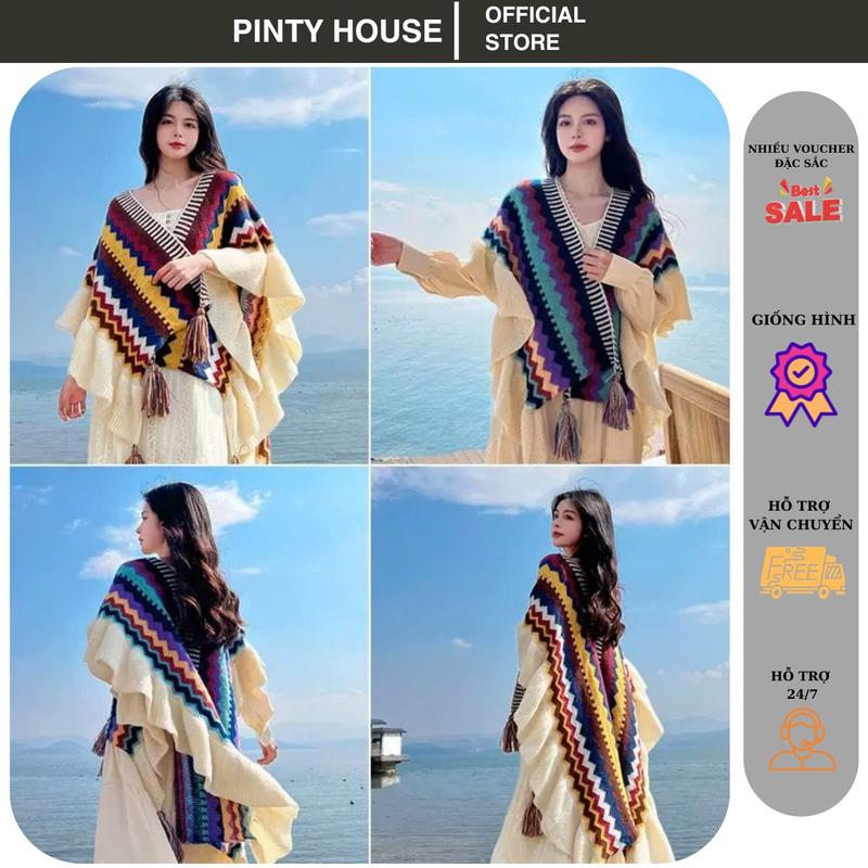 Khăn len thổ cẩm viền bèo xinh xắn cho nữ, áo choàng thổ cẩm cho nữ Hoa Khăn Choàng Quàng Cổ Choàng Cổ Women Cua khăn choàng  bfb khăn  habibi khăn buộc áo