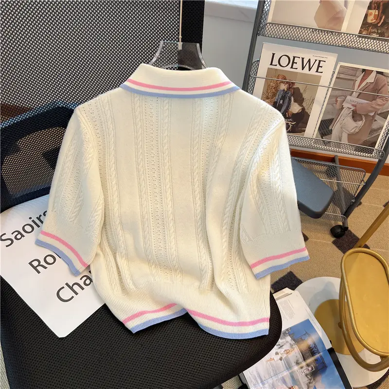 Đồ Len Cổ Polo, Thiết Kế Phong Cách Pháp, Dành Cho Nữ, Hàng Mới Về Mùa Hè 2024, Phong Cách Preppy, Áo Phông Dễ Phối Đồ Thường Ngày Thời Trang Top Women 1