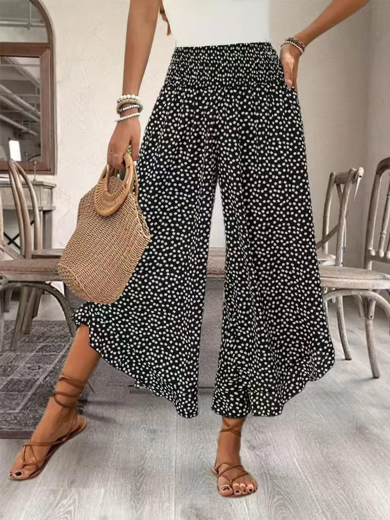 Women's Polka Dot Print Wide Leg Pants, Casual Comfy Trousers for Summer, Women's Bottoms for Daily Wear