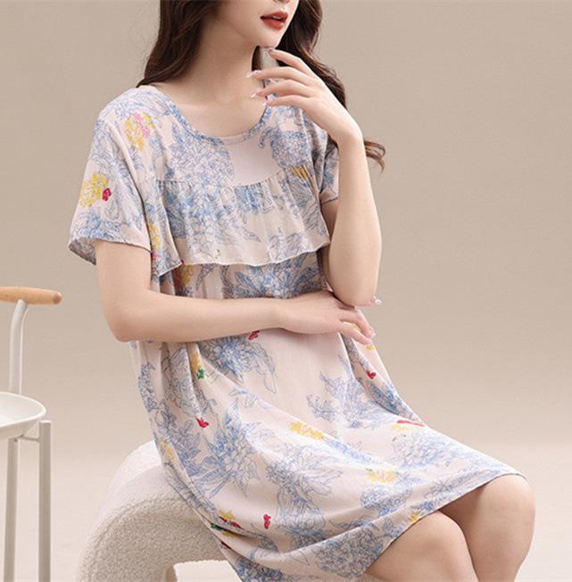 Product Introduction of Strictly Selected Printed Artificial Cotton Nightdress Women's Summer High-Grade Ice Silk Skirt Thin Short Sleeve Pajamas plus Size A- line Dress 12