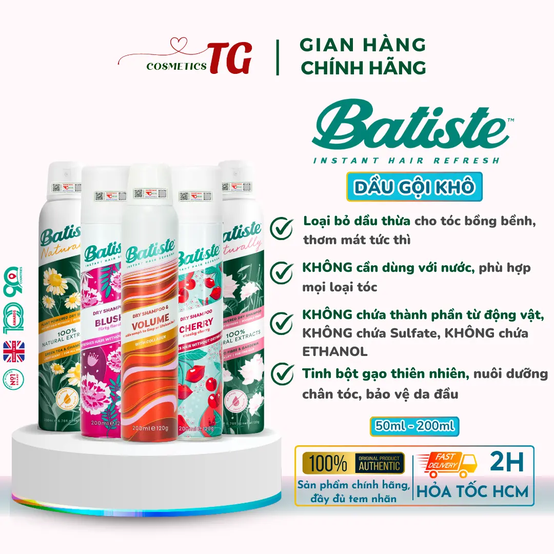 Dầu Gội Khô Batiste Dry Shampoo Giảm Bết Dính, Mồ Hôi Tóc Sạch Thơm Bồng Bềnh 200ml, 50ml