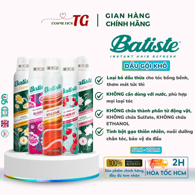 Dầu Gội Khô Batiste Dry Shampoo Giảm Bết Dính, Mồ Hôi Tóc Sạch Thơm Bồng Bềnh 200ml, 50ml 0