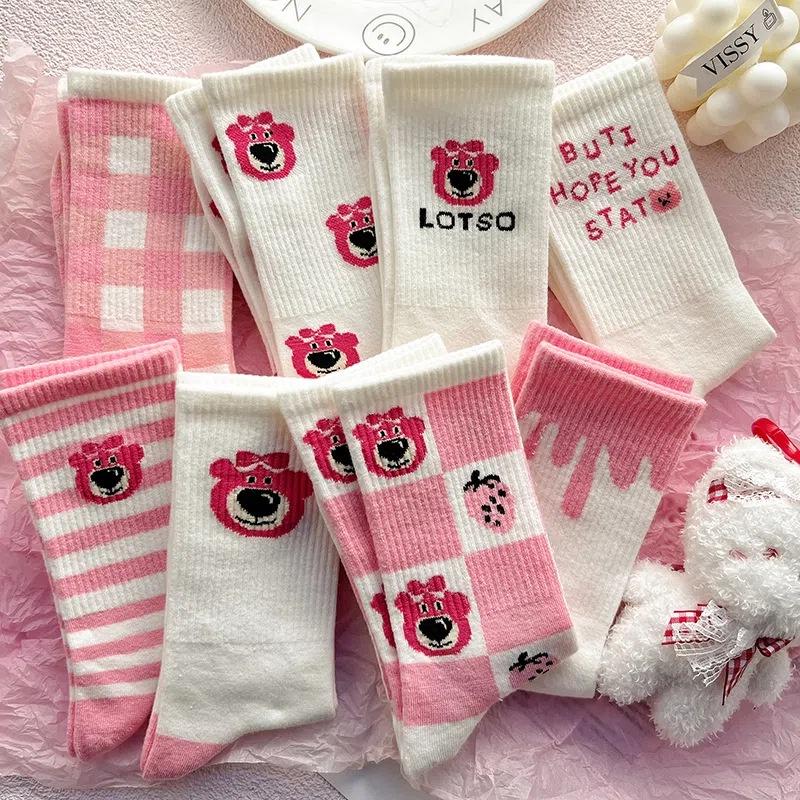 Pink Bear Cartoon Cute Sweet College Style Autumn Winter Stockings Women 0