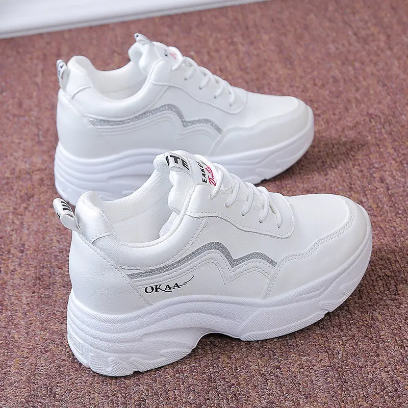 Height Increasing Insole Dad Shoes Women's All-Match 2024 Spring, Autumn and Winter Leather Surface Sneakers Height Increasing Leisure Student White Shoes Women