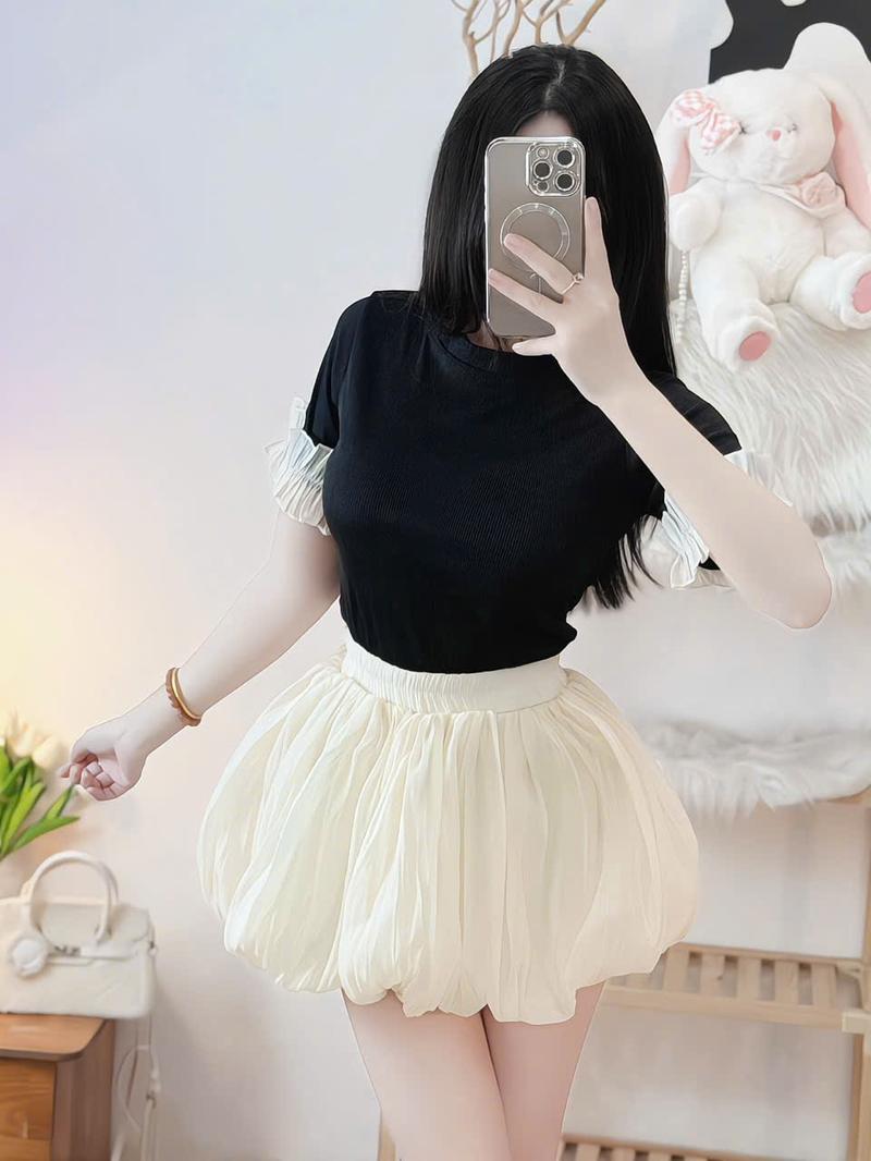 Product Introduction of Sét đồ nữ áo phối viền tay mix chân váy bí siêu dễ thương UN0063- Top, Women Màu Đen 2