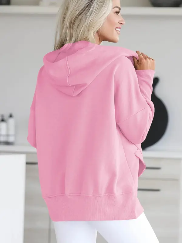 Women's Plain Pocket Button Drop Shoulder Hoodie, Casual Long Sleeve Hooded Pullover for Daily Wear, Ladies Clothes for All Seasons 8