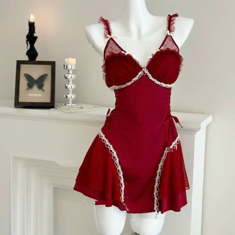 V06  Váy ngủ viền ren mềm mịn,cột eo,(có mút + dây cột eo 2 bên)Hàng QCCC 0