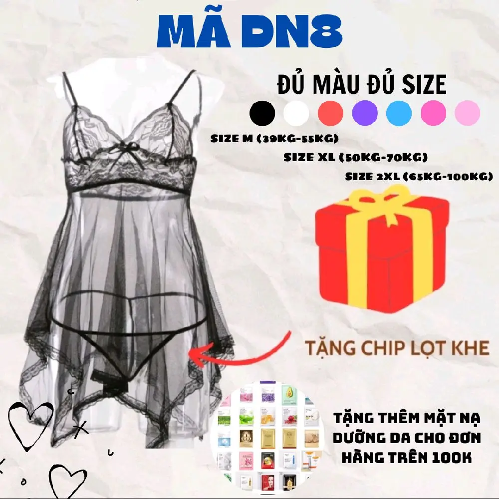[BIGSIZE ĐẾN 100KG]_DN8_Váy ngủ 2 dây voan lưới phối ren Nữ Women Dress Viền Ren Đầm Ngủ Đen