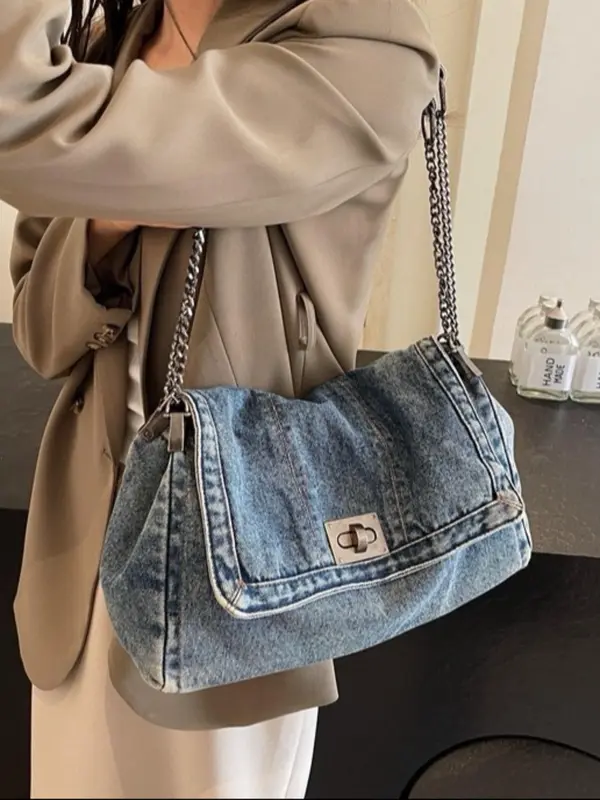 Women's Denim Shoulder Bag, Fashionable Chain Strap Crossbody Bag for Daily Used, Casual Trendy Versatile High-quality Daily Commuting Bag, Girl Fashionable Shopping Bag 2