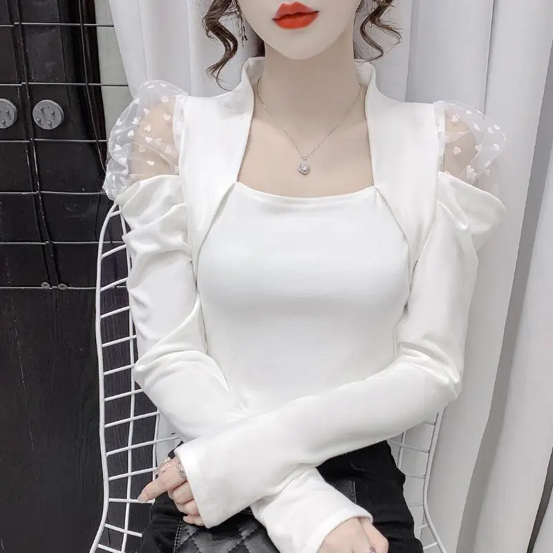 Áo Cánh Nữ, Phong Cách Hàn Quốc, Cổ Vuông, Khâu Lưới, Áo Phông, Thời Trang Nữ, Thiết Kế Đẹp, Độc Đáo, Thích Hợp Cho Mùa Xuân Và Mùa Thu, Áo Sơ Mi Lớp Nền Thanh Lịch, Hàng Đầu, Dành Cho Nữ