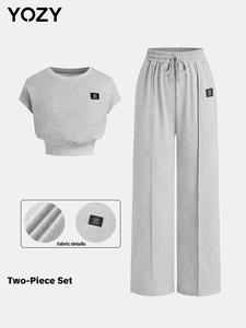 YOZY Women's Letter Patched Crop Top & Drawstring Waist Sweatpants Two-piece Set, Casual Round Neck Batwing Sleeve Top & Trousers for Daily Wear, Ladies Two-piece Outfits for All Seasons