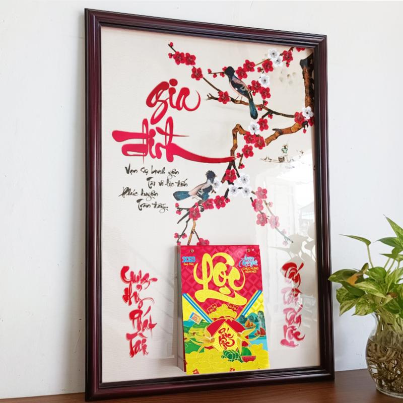 Lịch tết Ất Tỵ 2025, lịch treo tường chữ thư pháp Gia Đình, khung gỗ có gắn lốc lịch năm mới