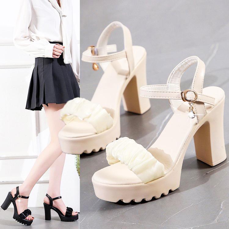  Giày cao gót quai nhún bèo cao 9p-CG55 Cao Su DéP Nữ Shoes 
