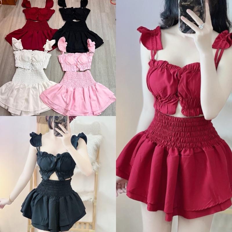 [SB25] Sét áo tay nhí và chân váy lưng thun 2 tầng có quần trong Women Nữ