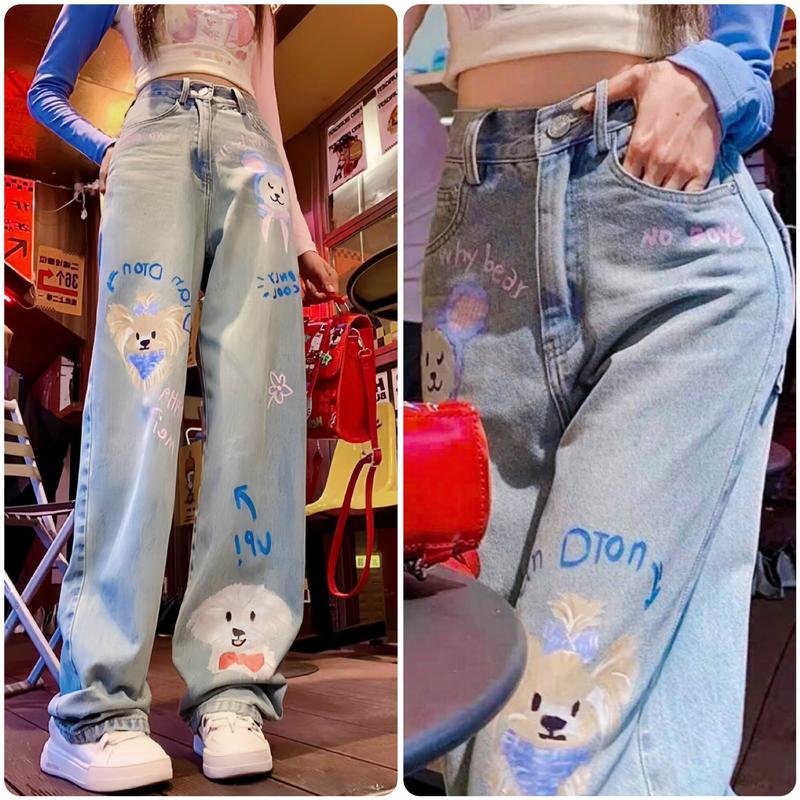 [MÀU CŨ] Quần Jean Suông MÀU BỤI Ống Rộng In Hoạ Tiết Hoạt Hình Cún Cưng Đáng Yêu, Quần Jean In Graffiti Lưng Cao Không Dãn