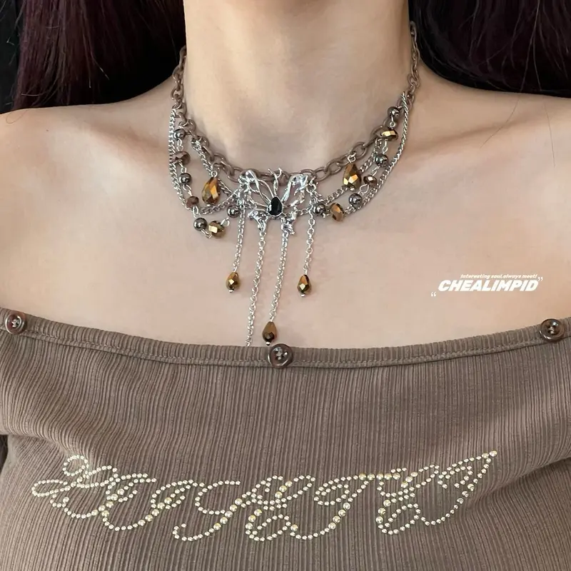 Vòng Cổ Tua Rua Nhiều Lớp, Phong Cách Baroque, Thiết Kế Đặc Biệt Cô Gái Nóng Bỏng Mỹ, Phong Cách Cổ Điển Vòng Cổ Cao Cấp, Dành Cho Nữ, Với Mặt Dây Chuyền Hổ Phách Bướm 2