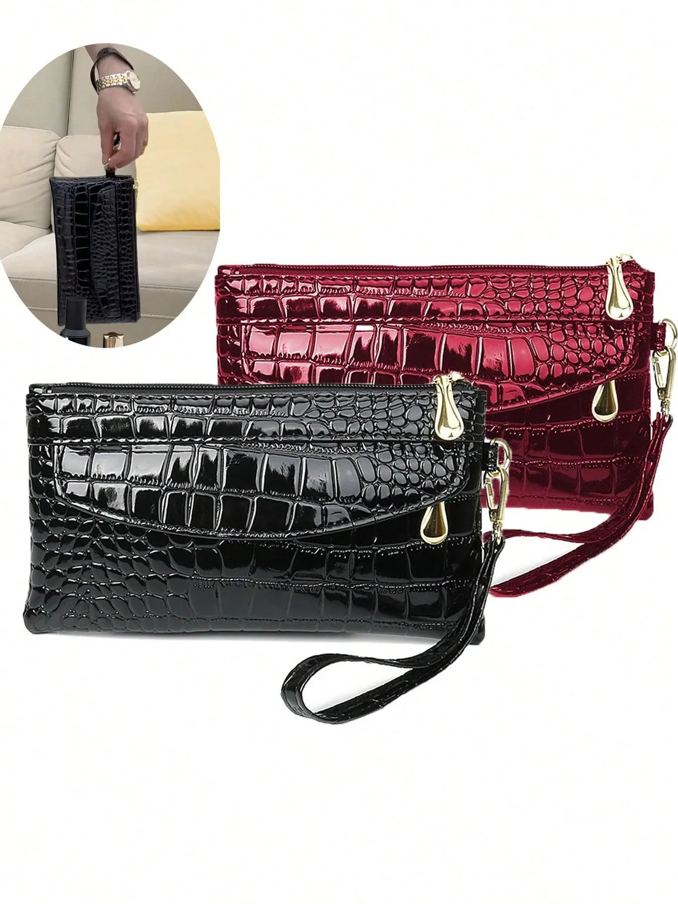 Women's Solid Color Crocodile Embossed Wristlet, Fashionable Zipper Clutch, Simple Design Plain Color Pu Leather Wallet