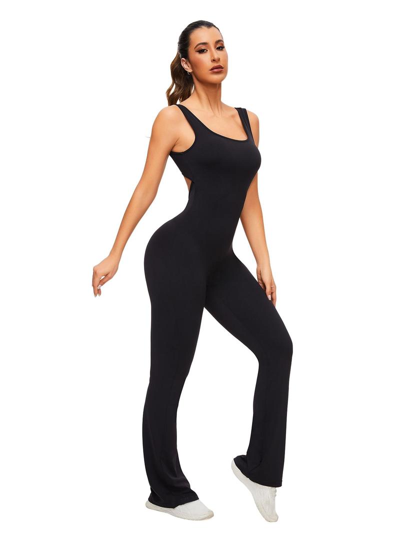 Product Introduction of Women's Cut Out Flared Sports Jumpsuit, Sport Scoop Neck Backless Tank Jumpsuit, Ladies Sportswear Clothing, Tummy Control 1