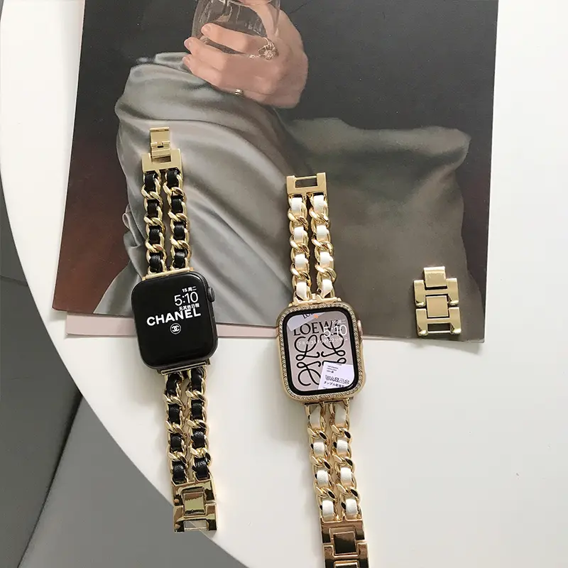 Dây Đeo Bằng Da Kim Loại Sang Trọng Cho Apple Watch, Dây Đeo 49Mm, 41Mm, 45Mm, 38Mm, 42Mm, 44Mm, 40Mm, Vòng Tay Nữ Cho IWatch Ultra 8 7 SE 6 5 4 Cao Su Smartwatch 3