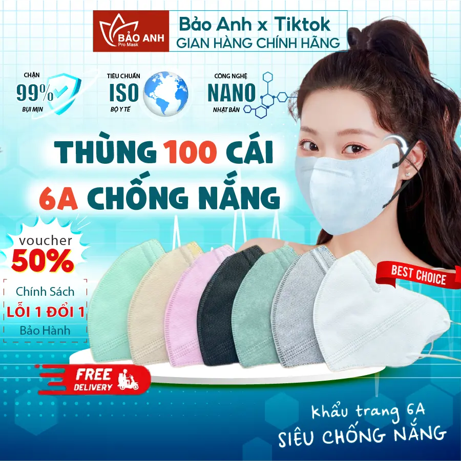 [ Thùng 100 Cái ] Khẩu trang 6A Mask Bảo Anh Promask 4 lớp kháng khuẩn chống tia UV, Khẩu trang chống nắng hiệu quả
