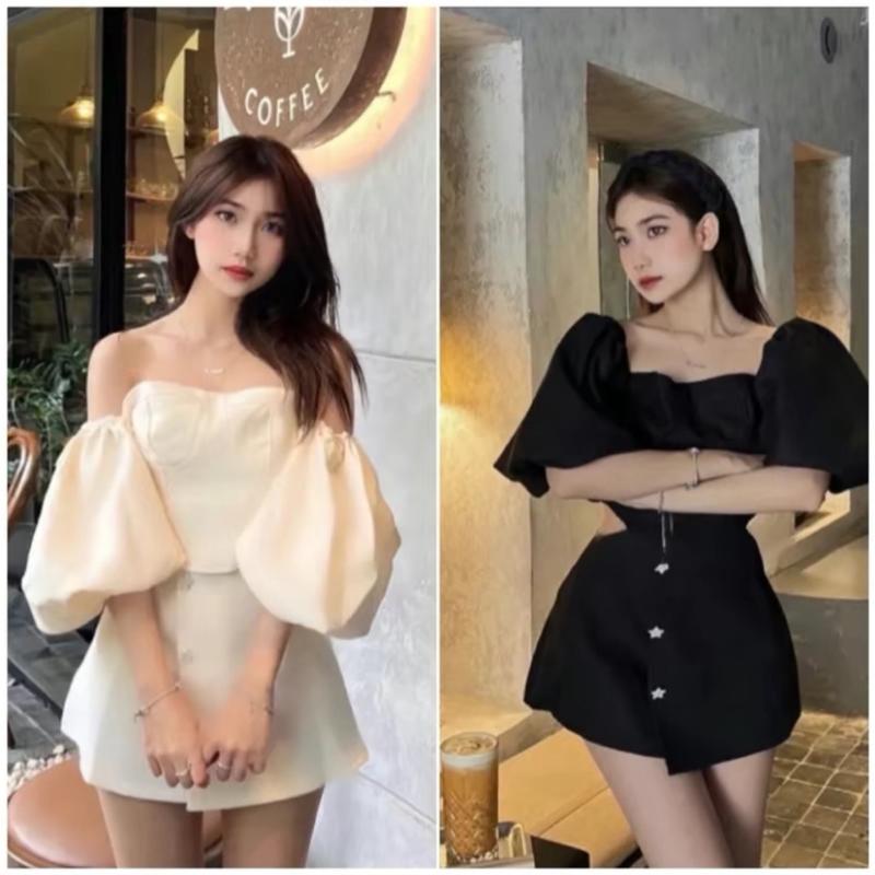 Set B1 chân váy ngắn tay bồng bo chun bigsize 50195kg chất cotton lạnh chân vát Nữ Women Áo Top