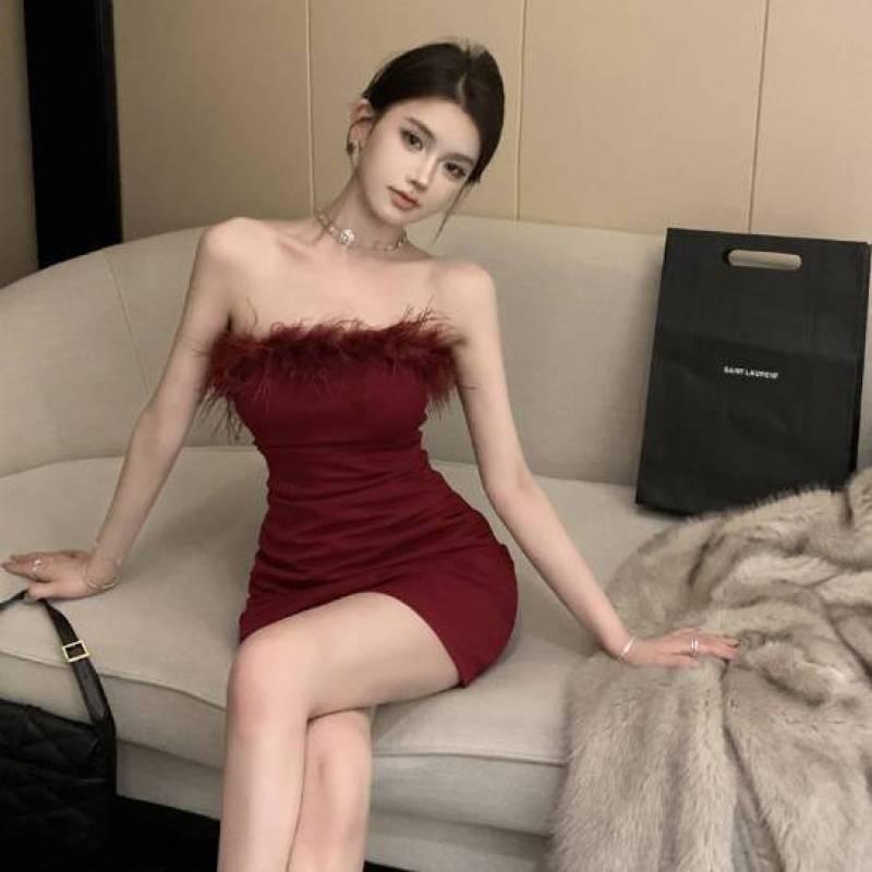 Đầm Bodycon, Phong Cách Thái Lan, Không Dây Gợi Cảm, Có Dây Đeo Lông Mịn, Thanh Lịch Và Bó Sát, Váy Ngắn Cao Cấp, Dành Cho Phụ Nữ, Người Nổi Tiếng Mới 0