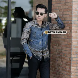 KAMAL Batik Pria Slimfitting Lengan Panjang Warna Biru Denim Premium
