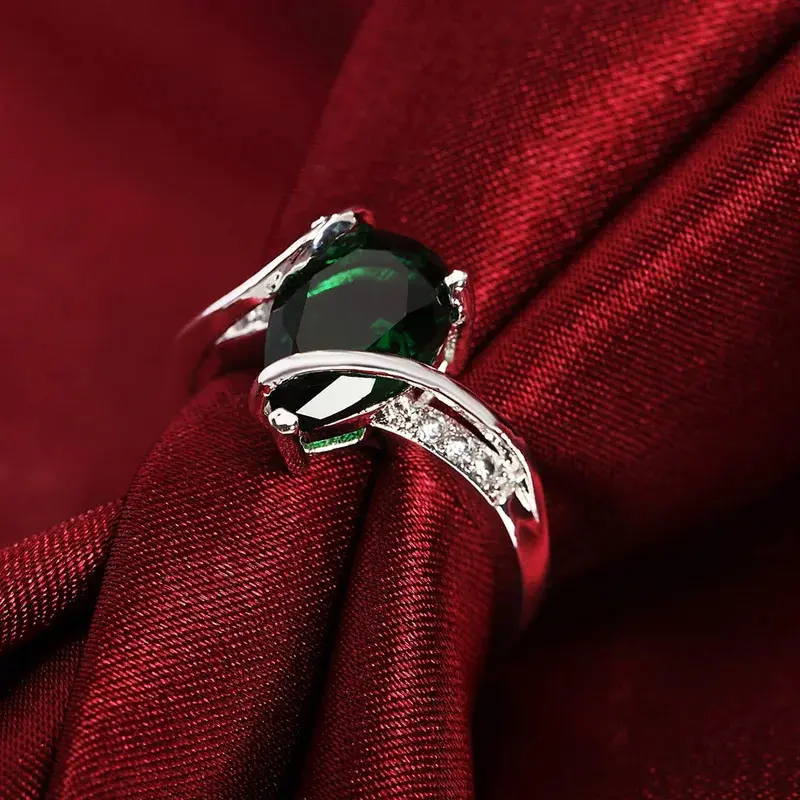 Nhẫn bạc Sterling 925, đồ trang sức, ngọc lục bảo nhân tạo 4