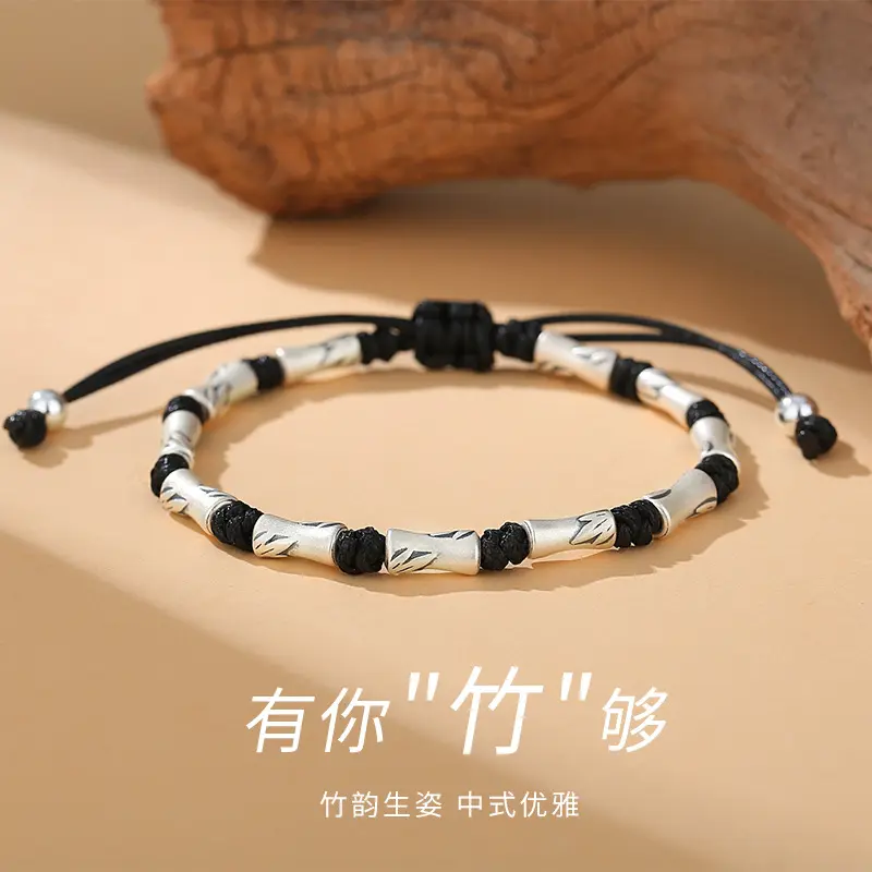 Vòng Tay Nam Cao Cấp Lễ Hội Ảnh Thật Dây Đeo Mang Theo Hạ Cánh Khớp Tre Thanh Lịch Cổ Điển Trung Quốc Mới 999 Màu Bạc Nguyên Chất Cho Bạn Trai