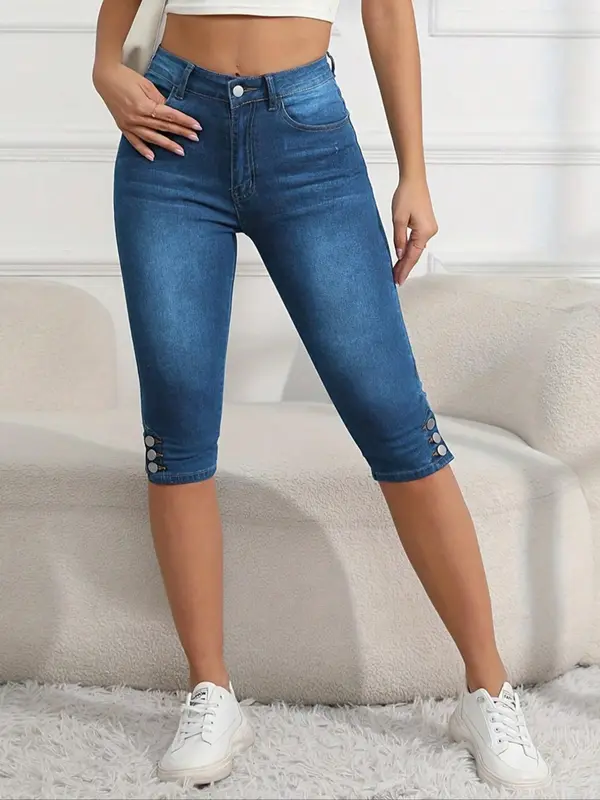 Women's Plain Button Pocket Capri Denim Pants, Slim Fit Casual Basic Minimalist Comfy Skinny Capri Jeans for Daily Wear, Capri Pants, Ladies Bottoms for Summer, Womenswear, Light Wash, Casual Denim Trousers, Streetwear, Solid Pocket Jeans 5
