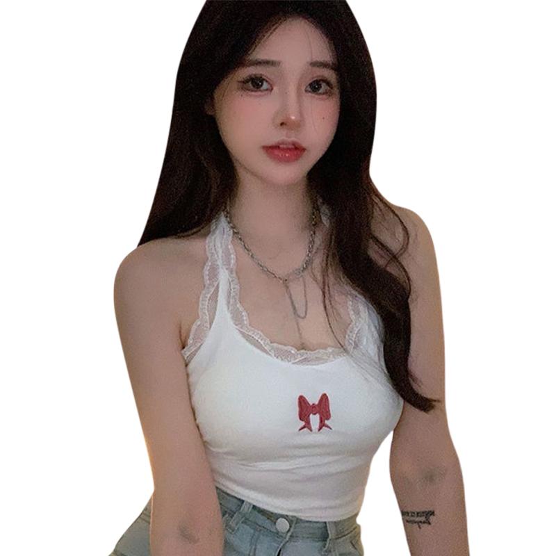 Women Fashion Tank Tops Lace Trim Bow Embroidery Halter Neck Vests SummerFit Backless Sleeveless Cropped Tops Streetwear 0