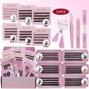 Curl Wispy Individual False Eyelash with Bond & Seal & Remover & Tweezers Kit, 1 Box Natural Self Grafting DIY Segmented Eyelash, Makeup