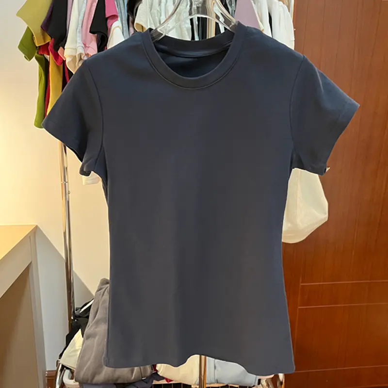 เสื้อยืดแขนสั้น ไหล่หน้า ทรงสลิมฟิต สำหรับผู้หญิง ทำจากผ้าฝ้าย สีพื้น คอกลมเล็ก เหมาะสำหรับฤดูร้อน เสื้อชั้นฐาน เสื้อท็อป