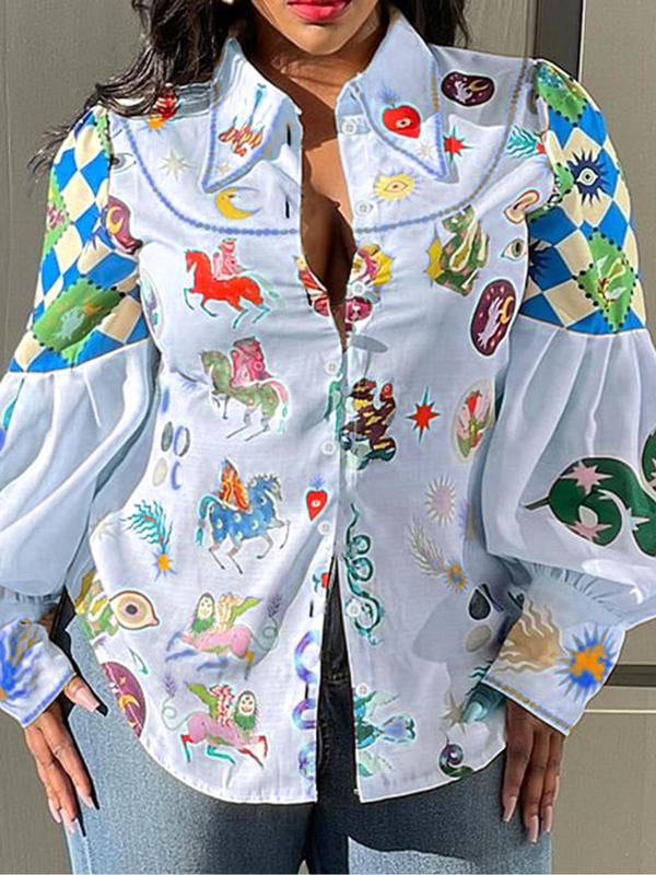 Plus Size Galaxy & Animal Print Button Front Shirt, Retro Lantern Sleeve Collared Top, Gift Set for Women, Women's Plus Clothes for Daily Wear 4