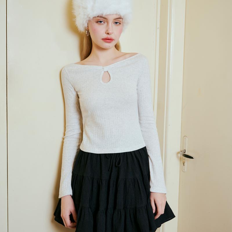 DOTTIE - Áo thun dài tay cổ nơ - Xám - T1013 Cổ Tròn Women Top Nữ Thun