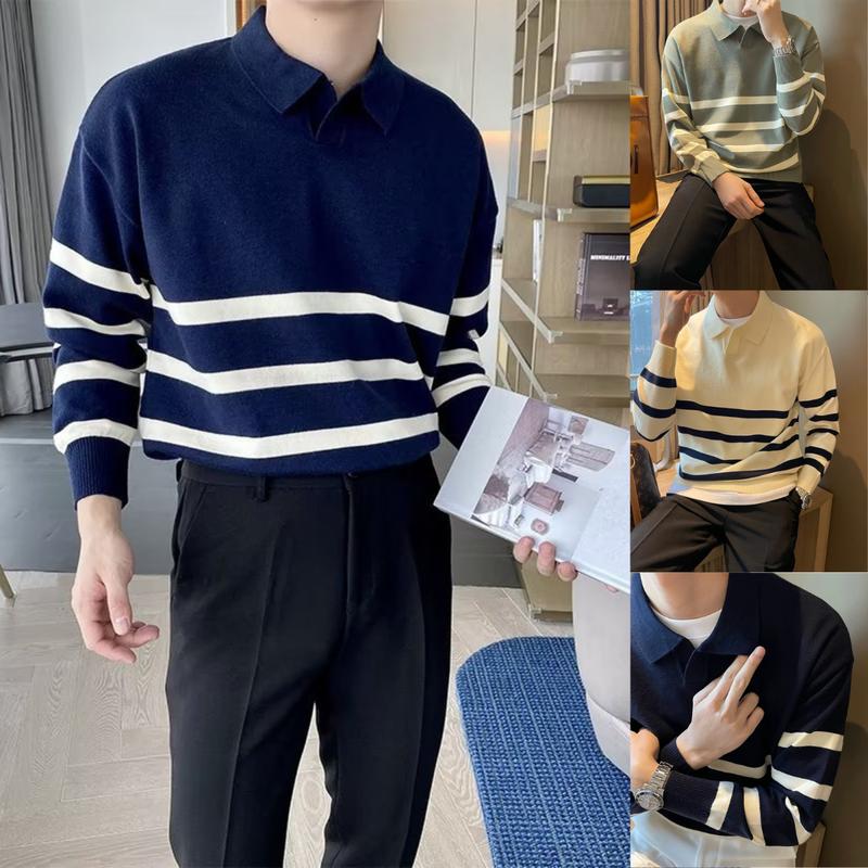 Áo len nam cổ polo dài tay trẻ trung cá tính, áo len nam phối kẻ ngang phong cách hàn quốc