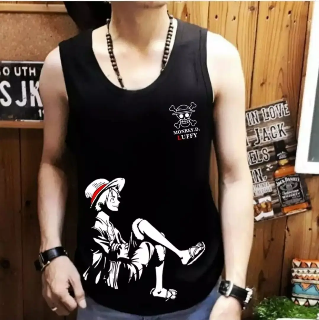 ShopAoi Singlet / Kaos tanpa lengan / Kaos Dalam / T-shirt Distro / Singlet Luffy Duduk Pria Murah Santai Hitam Motif