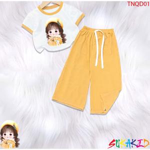 Bộ đồ bé gái tay ngắn quần ống rộng thun gân lạnh cho bé 6kg đến 30kg.TNQD01..SUKAKID