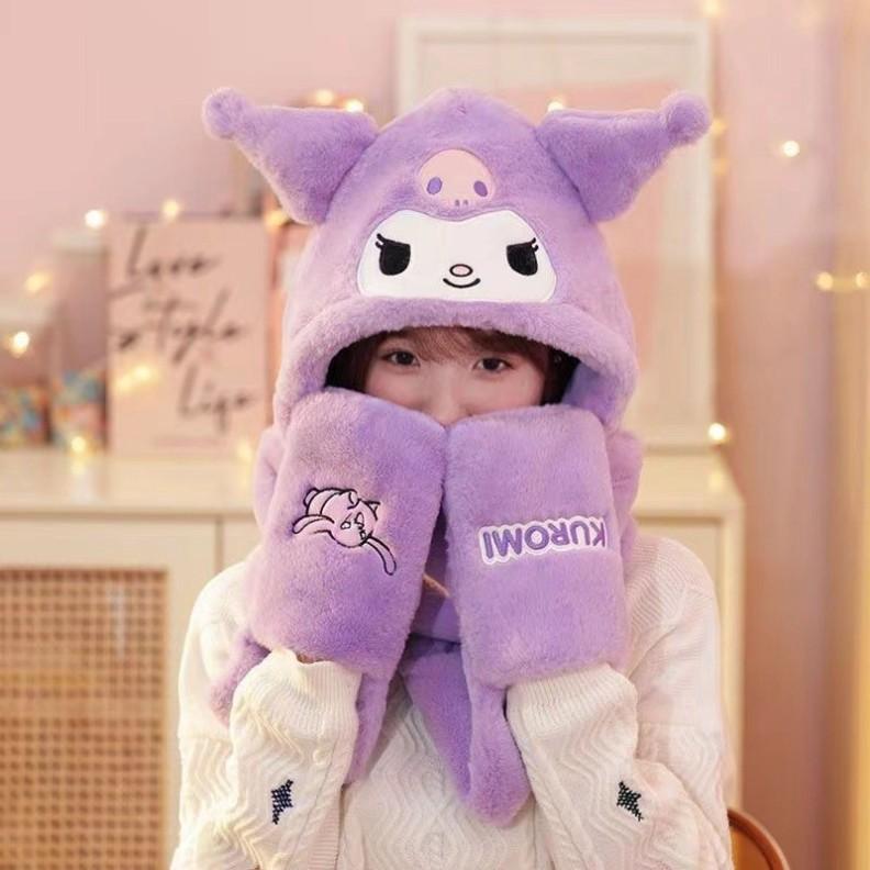 Mũ Lông Cừu 3in1 Hoạ Tiết  Kuromi Siêu Kute Mũ Kèm Khăn Quàng Cổ Và Sỏ Tay Kiểu Dáng Hàn Quốc Women Hoa 2