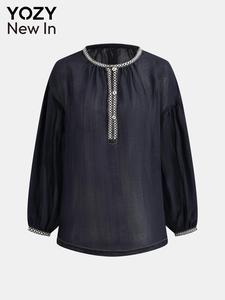 YOZY Women's Contrast Binding Long Sleeve Blouse, Casual Round Neck Top for Spring, Women's Clothing for Daily Wear