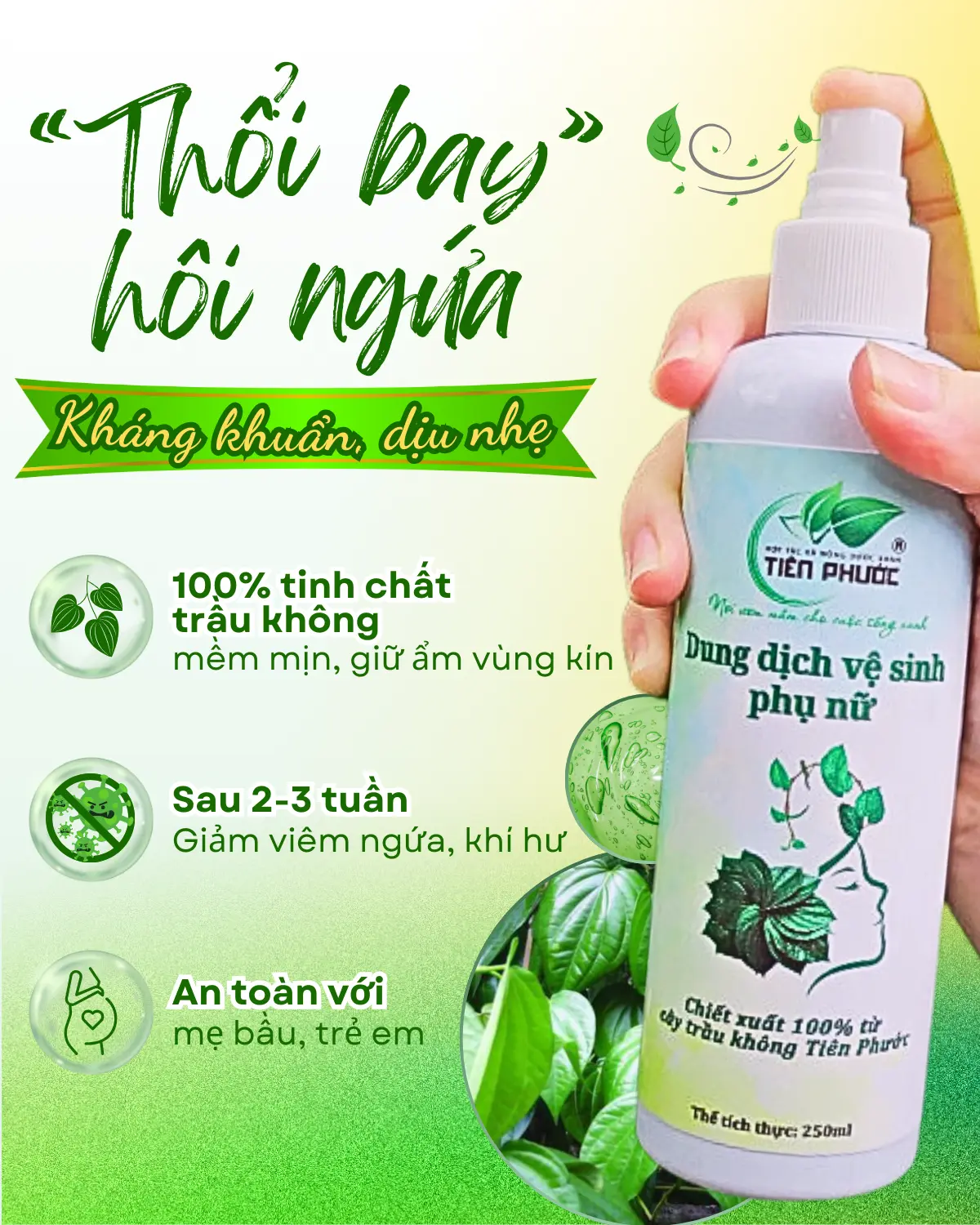 Dung dịch vệ sinh HTX Nông dược xanh Tiên Phước, thảo mộc lành tính, hết viêm ngứa khí hư sau 1-2 tuần 250ml
