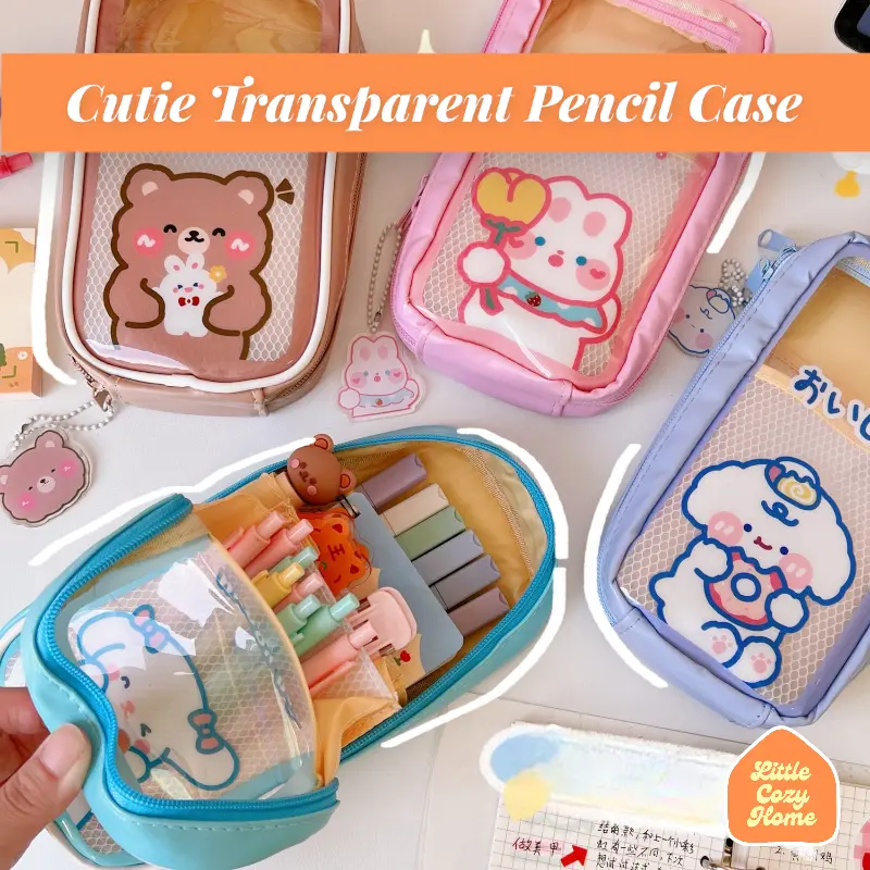 Cutie Jumbo Transparent Pencil Case / Korean Style Kotak Tempat Pensil Besar Dengan Resleting / Muat Banyak / Big Capacity With Zipper Blue Brown 0