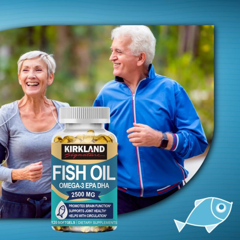  Dầu cá KIRKLAND Omega 3 2500 mg Bổ sung Hỗ trợ Miễn dịch & Sức khỏe - Tăng cường Sức khỏe Khớp Mắt & Da - Non-GMO - EPA DHA Fatty Acids Gluten Free 120 Viên 
