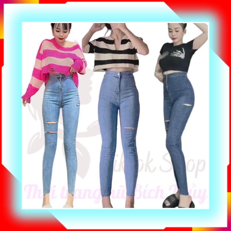 Quần jean nữ kiểu, quần bò nữ lưng siêu cao dáng ôm raách đùi không túi trước tôn dáng Hottrend Pants Women Denim khóa kéo croptop 0
