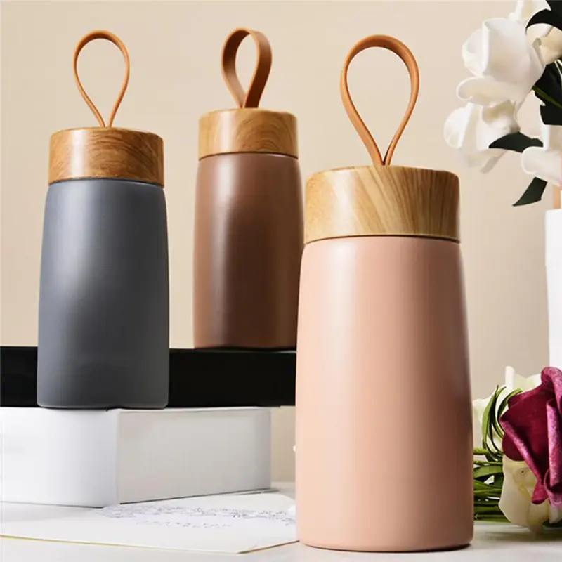 Wood Grain Stainless Steel Water Bottle Vacuum Flask Thermal Insulated Cold Water Double Wall Bottle Direct Drinking 280Ml