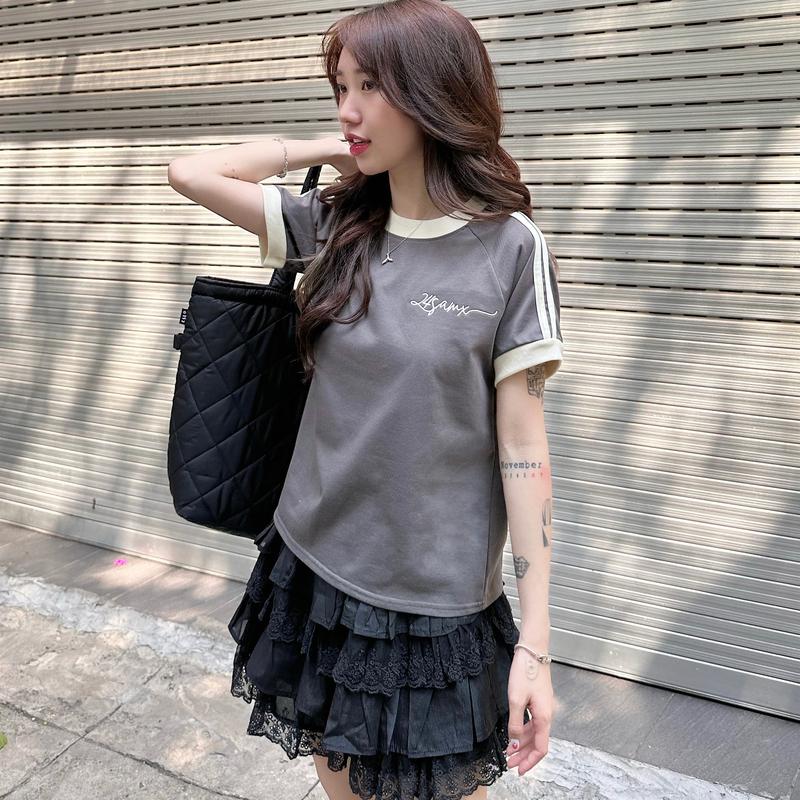  Baby Tee Cotton sọc tay Áo thun Nữ thêu chữ 24SamX - Top Cổ Tròn line Kem women tôn dáng thoáng mát 