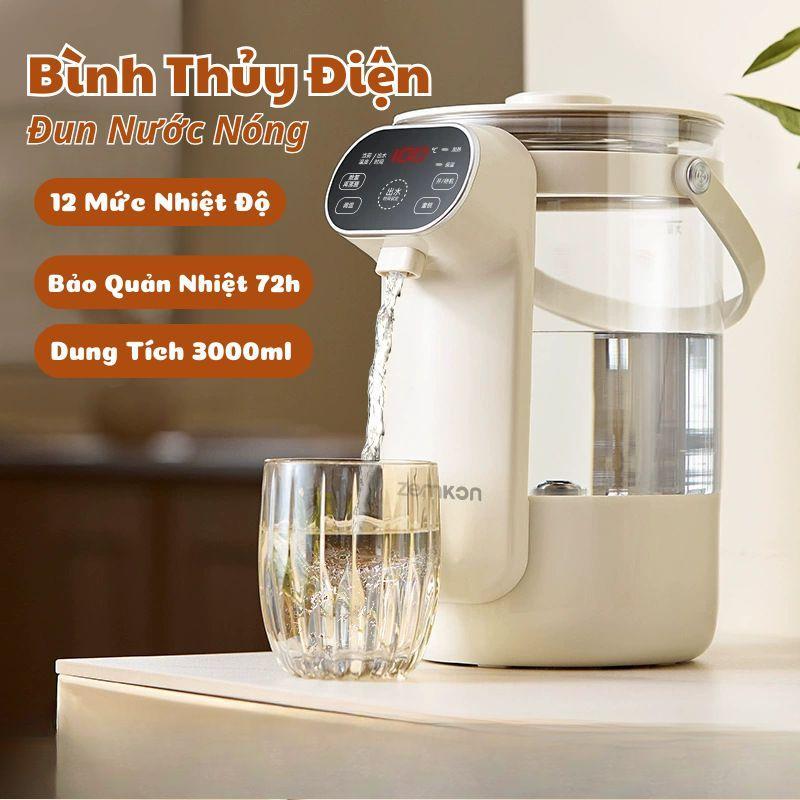 Bình Thuỷ Điện ZEMKON Dung Tích 3L Đun Nước Nóng, Giữ Nhiệt Lên Đến 48H Tích Hợp Khử Clo Có Vòi Tự Động Không Cần Rót HT147