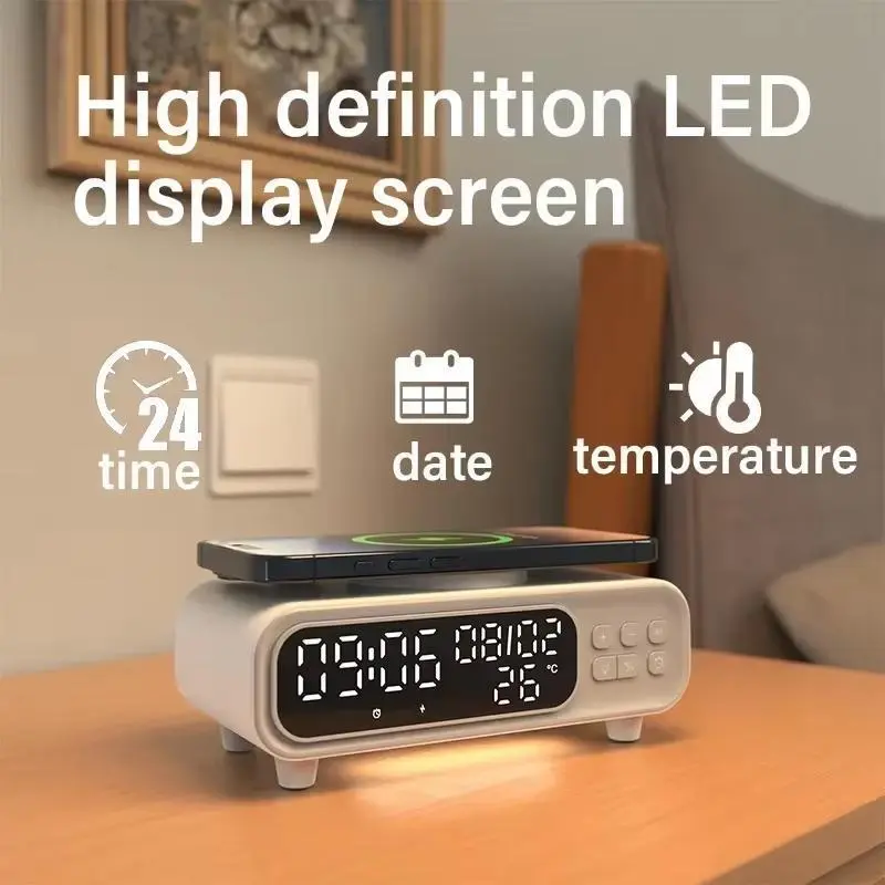 15W Wireless Charger with Time Display, LED Night Light Alarm Clock Wireless Charger, Fast Charging Station for iPhone 4