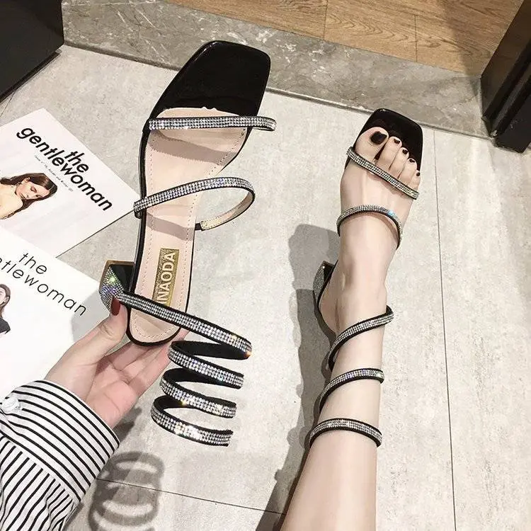 Xăng Đan La Mã Quấn Mắt Cá Chân, Xăng Đan Chữ Kim Cương Giả Với Gót Chunky, Phong Cách Thanh Lịch, Linh Hoạt Năng, Nổi Tiếng Trên Internet, Gót Giữa, Mới, Mùa Hè Nữ DéP 5
